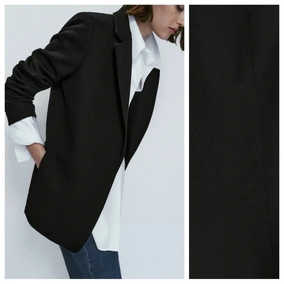 NWT. Massimo Dutti Black 100% Wool Micro-Textured Open Blazer. Size 2, 4. - Picture 4 of 15